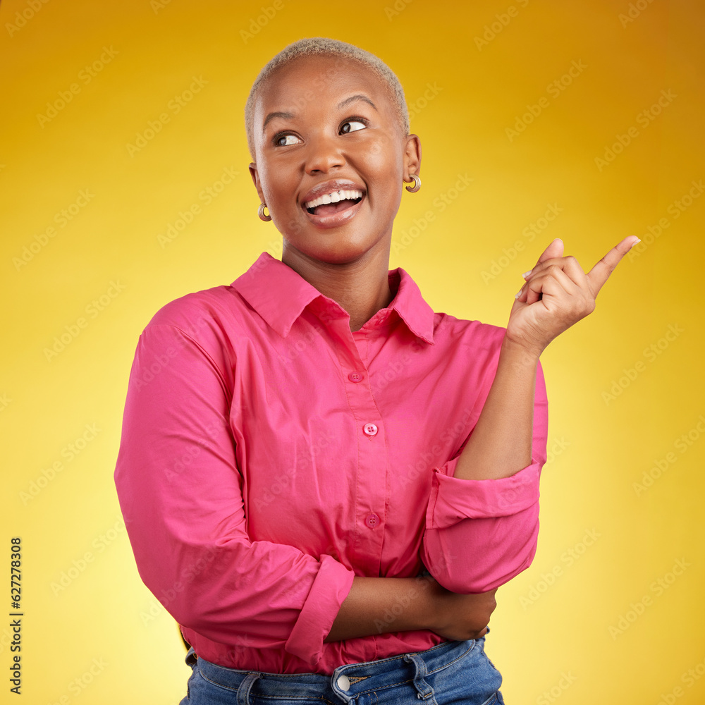 Thinking, idea and happy black woman in studio for choice, option or answer on yellow background. Questions, why and African lady smile for solution, planning or opinion, decision or problem solving