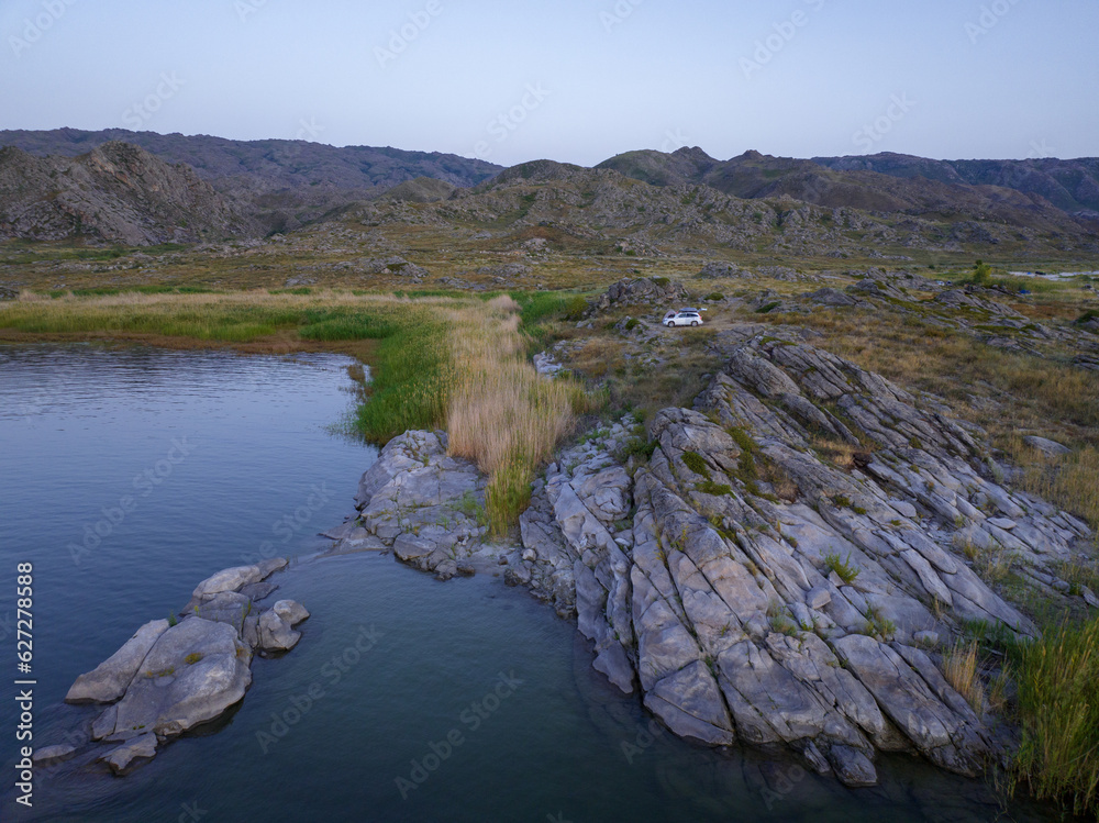 Residents and visitors often rest on Bukhtarma Reservoir with tents. East Kazakhstan Region.