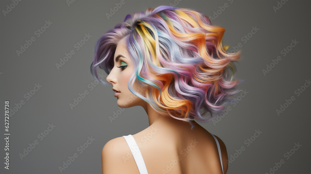 Young woman with wonderful colourful hair, hairdresser dream.