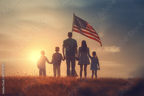 Patriotic American Family Gazing at the Sunset with US Flag in Hand - AI generated
