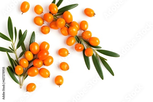 a group of orange berries with green leaves
