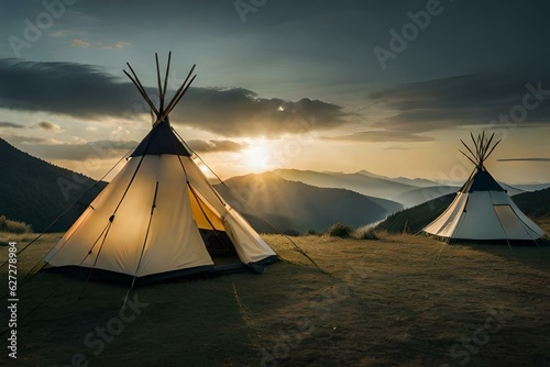 tent in the mountains at sunset