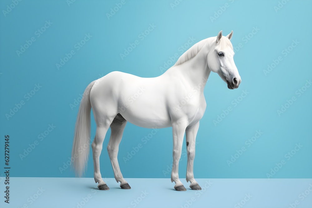 a white horse standing on a blue background
