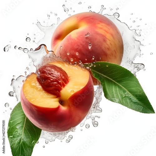 a peaches with leaves splashing into water