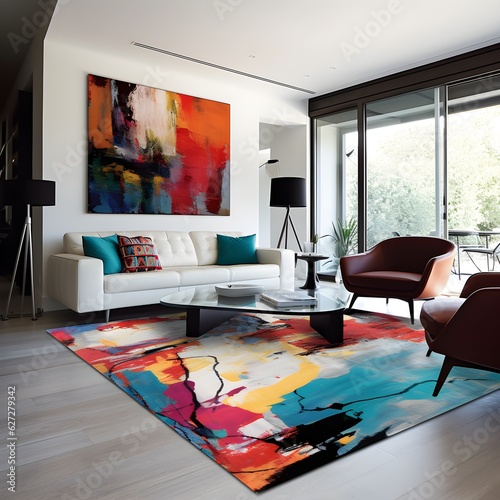 a living room with a colorful rug and a painting on the wall