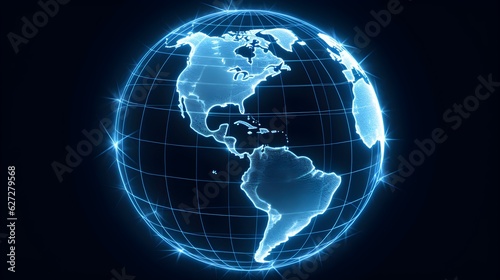 a blue glowing globe with continents and lines