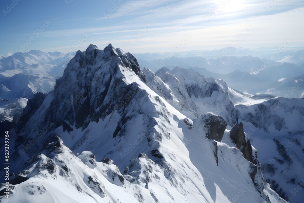 a snowy mountain tops with blue sky