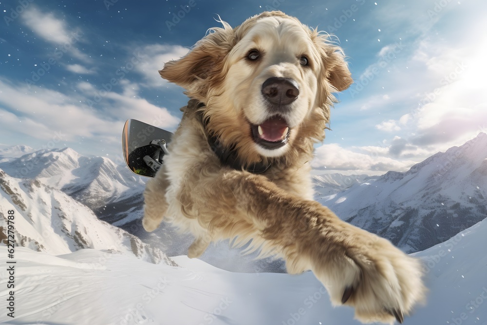 a dog jumping in the air with a snowboard