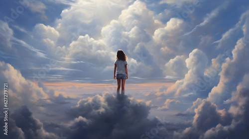 a woman standing on clouds