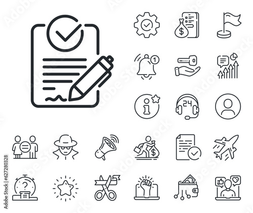 Request for proposal sign. Salaryman, gender equality and alert bell outline icons. Rfp line icon. Report document symbol. Rfp line sign. Spy or profile placeholder icon. Vector