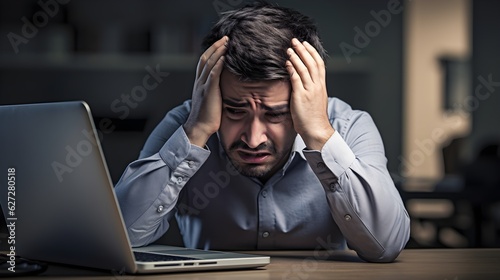 A man who suffer from work stress holding his head in his hands while sitting at a desk in front of an open laptop screen