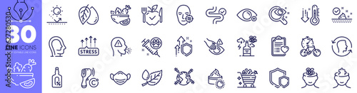 Bike timer, Low thermometer and Sun protection line icons pack. Medical mask, World vaccination, Vision test web icon. Cough, Salad, Alcohol free pictogram. Anxiety, Leaf dew, Patient history. Vector