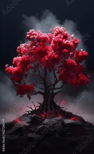 a tree with red leaves and roots