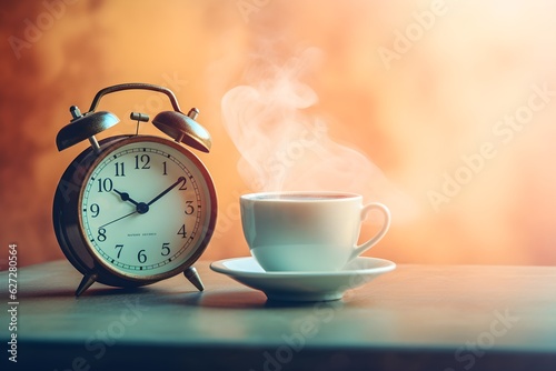 a cup of coffee and a clock
