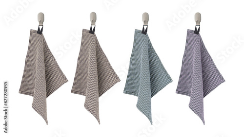 Four hanging kitchen cloths for dishes isolated on white background.