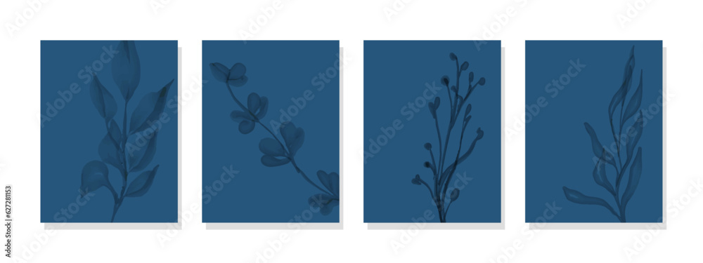 Adorn your space with a set of four blue wall art featuring captivating plant designs, adding a touch of nature's charm to your decor.