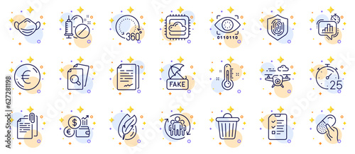 Outline set of Fake news, Interview and Euro money line icons for web app. Include Document attachment, Currency rate, Statistics timer pictogram icons. Cloud computing, Drone. Vector