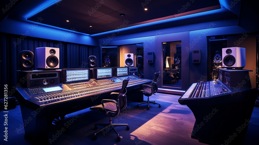 The recording studio's control room with an array of high-end audio ...