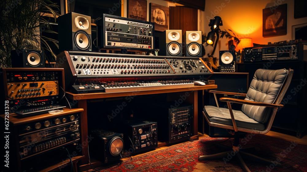 The recording studio setup featuring a vintage tape recorder alongside
