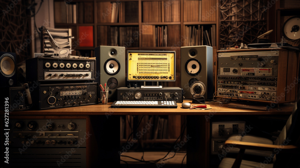 Fototapeta premium The recording studio setup featuring a vintage tape recorder alongside modern digital audio workstations. Generative AI