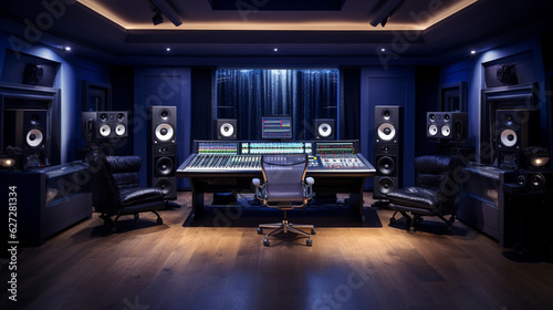 The recording studio's control room with an array of high-end audio equipment and LED-lit mixing consoles. Generative AI