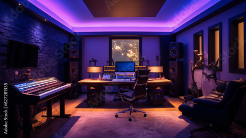 The home recording studio adorned with diffused LED lighting, creating a warm and inviting atmosphere. Generative AI