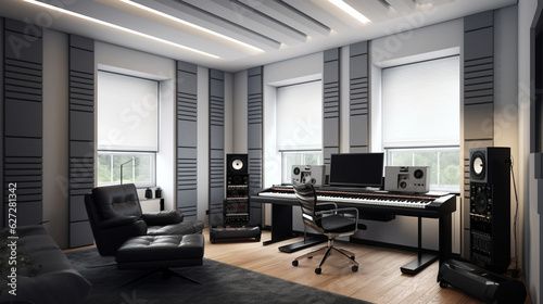 A state-of-the-art home recording studio with a sleek, modern design featuring soundproof acoustic panels. Generative AI