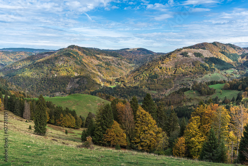 Praeg glacier basin with view of the Feldberg in autumn, Praeg near Todtnau, Loerrach district, Baden-Wuerttemberg, Germany