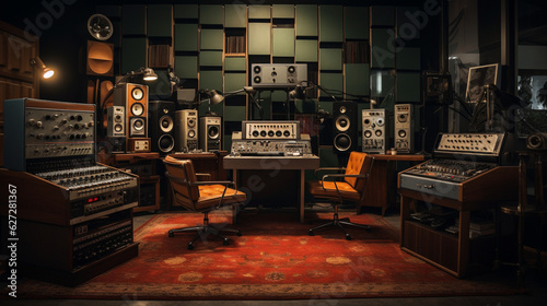 The recording studio setup featuring a vintage tape recorder alongside modern digital audio workstations. Generative AI photo