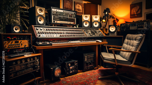 The recording studio setup featuring a vintage tape recorder alongside modern digital audio workstations. Generative AI