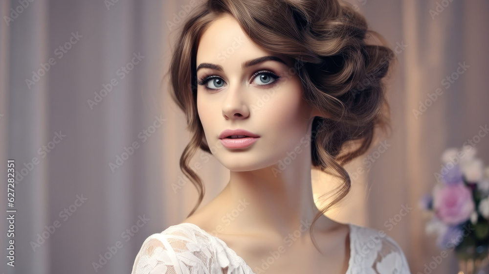 Perfect Fashion Model Woman with Beautiful Hairstyle wearing wedding dress.