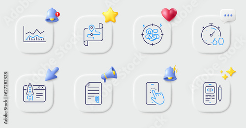 Attachment, Phone touch and Timer line icons. Buttons with 3d bell, chat speech, cursor. Pack of Map, Trade infochart, Start business icon. Stress, Phone code pictogram. For web app, printing. Vector
