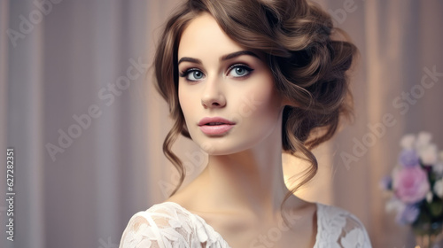 Perfect Fashion Model Woman with Beautiful Hairstyle wearing wedding dress.