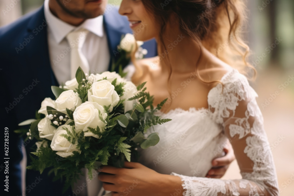 Bride holding bouquet, Young couple on their wedding day. Bride holding bouquet, Young couple on their wedding day.