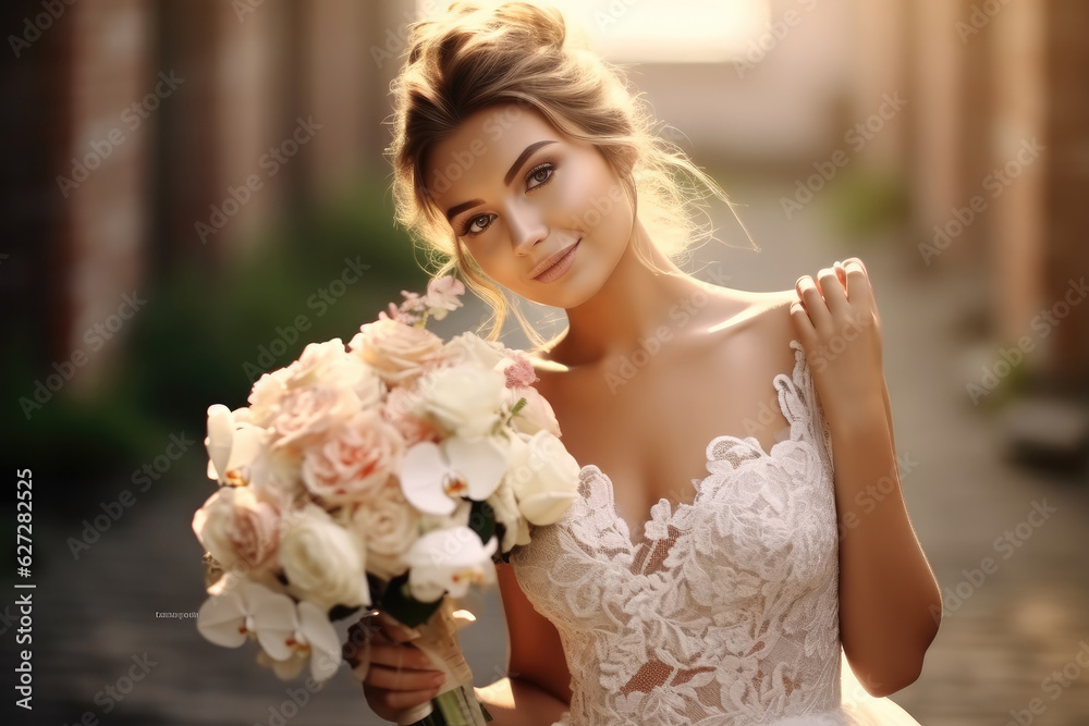 Naklejka premium Bridal bouquet, Close Up Of Bride Holding Bouquet, wedding dress.