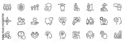Icons pack as Romantic talk, Fingerprint and Couple line icons for app include Medical vaccination, Cursor, Teamwork outline thin icon web set. Question button, Idea, Phone payment pictogram. Vector