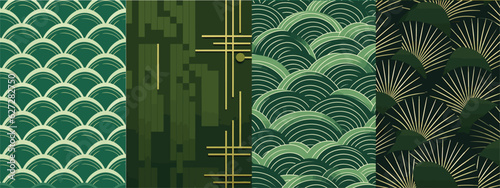 set of green and white abstract patterns