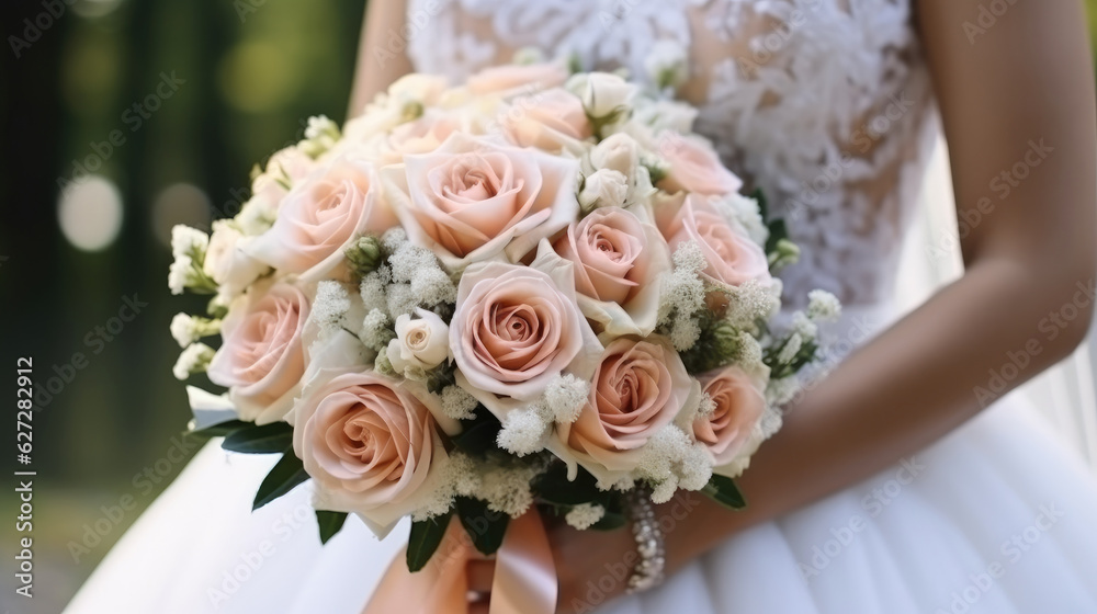 Bride holding bouquet of flowers outdoors, wedding dress, wedding rings, wedding bouquet. Bride holding bouquet of flowers outdoors, wedding dress, wedding rings, wedding bouquet.