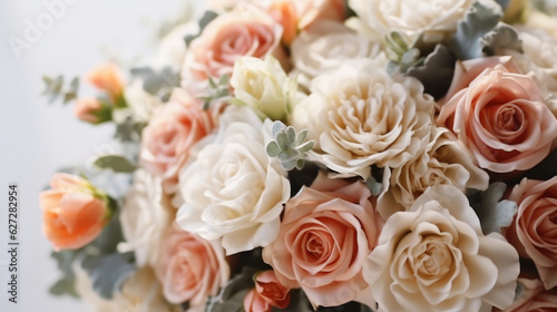Wedding flowers  Decoration made of roses  peonies and decorative plants  Wedding day.
