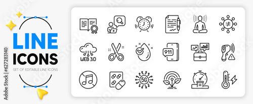 Cut, No music and Time management line icons set for app include Water drop, 5g technology, Capsule pill outline thin icon. Business portfolio, Web3, Emergency call pictogram icon. Timer. Vector