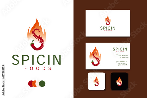 spicy food logo design vector template and business card with editable text