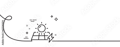 Solar panels line icon. Continuous one line with curl. Electricity sun energy sign. Lightning bolt symbol. Solar panels single outline ribbon. Loop curve pattern. Vector