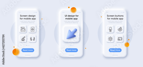 File management, Mail newsletter and Megaphone box line icons pack. 3d phone mockups with cursor. Glass smartphone screen. Dating network, Table lamp, Brand ambassador web icon. Vector