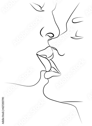 Kissing couple, kiss, lips. One continuous drawing in one line depicting a woman and a man.