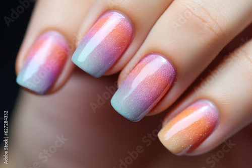 Tela Woman's fingernails with pastel colored nail polish
