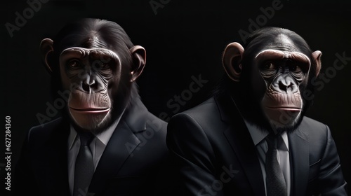 Business Chimps in Suits Isolated on a Black background with a copy space. chimp. chimpanzee. business chimpanzee in a suit. Made With Generative AI.