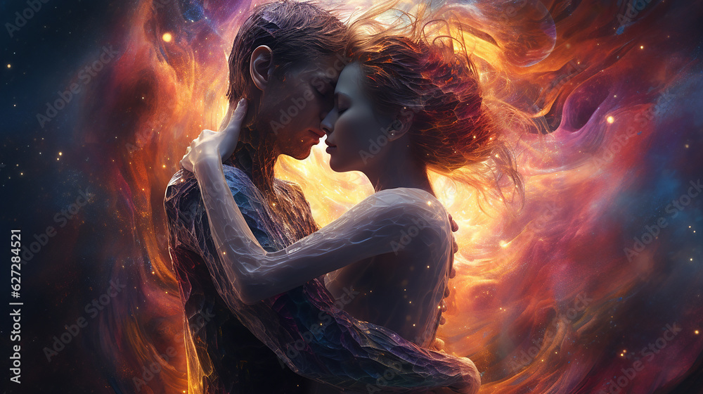 ilustração 3D. abraçando pessoas no espaço astral, casal envolto no amor e paixão
