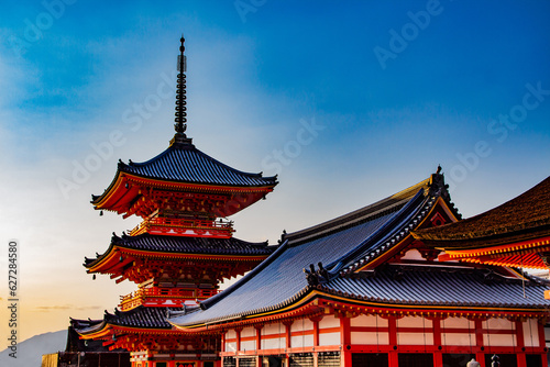 Kiyomizu-dera or Kiyomizu Buddhist Temple, Sutra Hall and Three storied Pagoda, Kyoto Japan