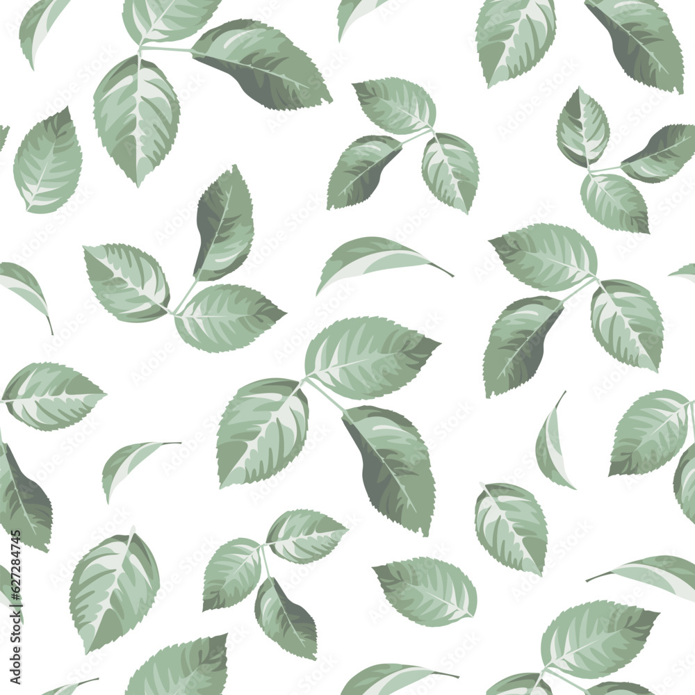 Seamless floral pattern with green leaves isolated on white background.
Seamless floral pattern with green leaves isolated on white background.