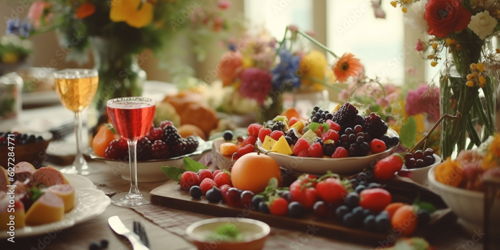 Exquisite Table Setting Adorned with Fresh Fruits and Flowers - AI generated